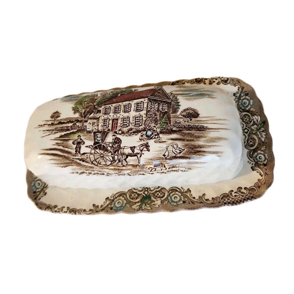 Vtg Ret'd Heritage Hall 4411 Butter Dish Brown Transferware English Johnson Bros